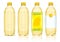 Four yellow plastic bottles with labels