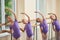 Four young ballerinas at ballet hall.