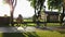 Four young persons cycling in public park.