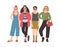 Four young women or girls wearing stylish clothing standing together. Group of female friend, feminists or feminism