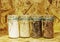 Foure race of rice varieties in glass: brown rice, mixed wild ri