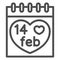 Fourteen february on calendar line icon, Valentines Day concept, Desk calendar with heart sign on white background