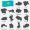 Fourteen Maps  Regions of Kazakhstan - alphabetical order with name. Every single map of Region are listed and isolated with wordi