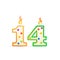 Fourteen years anniversary, 14 number shaped birthday candle with fire on white