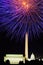 Fourth of July celebration with fireworks exploding over the Lincoln Memorial, Washington Monument and U.S. Capitol, Washington