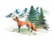Fox animal in winter forest landscape. Watercolor illustration. Red fox standing in forest winter mountain scene. Nature