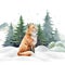 Fox animal in winter landscape. Watercolor illustration. Wild cute red fox in winter forest. Festive print image. Furry