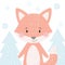 Fox baby winter print. Cute animal in snowy forest christmas card.