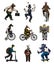 Fox on a bicycle, Cat juggler, turtle on a scooter. Bear, horse, hare, Owl, Squid. Fashion Animal characters set. Hand