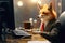 A fox in a businessman\\\'s business suit works in an office at a computer. Corporate humor