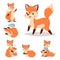 Fox character doing different foxy activities funny happy nature red tail and wildlife orange forest animal style