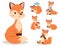 Fox character doing different foxy activities funny happy nature red tail and wildlife orange forest animal style