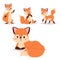 Fox character doing different foxy activities funny happy nature red tail and wildlife orange forest animal style