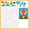 Fox. Color the image using shapes. Coloring book for kids. Colorful Puzzle Game for Children with answer