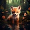 a fox cub sitting in the water with pink flowers on either side