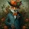 Fox in dapper Victorian style headshot with vintage background. Created using ai generative.