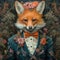 Fox in dapper Victorian style headshot with vintage background. Created using ai generative.