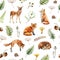Fox and deer animal seamless pattern. Watercolor image. Hand drawn wild forest fox, deer animals, herbs, fern, mushrooms