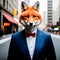 The fox is dressed in a formal suit on the body of a business man against the background of the streets of a big city