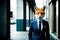 The fox is dressed in a formal suit on the body of a business man against the background of the streets of a big city