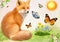 The fox in an environment of butterflies sits on a summer glade. Children\'s illustration.