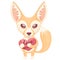 Fox Fenech funny cute cartoon hand drawing, animal character, mascot. Red-haired baby fox with big eyes, fluffy tail holding a