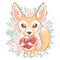 Fox Fenech funny cute cartoon hand drawing, animal character, print. Red-haired baby fox with big eyes, fluffy tail holding heart