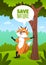 Fox in forest poster. Save nature slogan with funny wild orange animal character. Cartoon vixen standing by tree. Eco