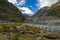 Fox glacier at new zealand. High mountains in valleys and glaciers in the morning