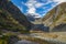 Fox glacier at new zealand. High mountains in valleys and glaciers in the morning