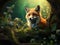 Fox in green forest. Cute Red Fox Vulpes vulpes at forest with flowers moss stone. Wildlife scene from nature