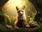 Fox in green forest. Cute Red Fox Vulpes vulpes at forest with flowers moss stone. Wildlife scene from nature