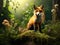 Fox in green forest. Cute Red Fox Vulpes vulpes at forest with flowers moss stone. Wildlife scene from nature