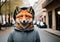 A fox in a human costume walks around the city