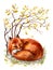 A fox lies under an autumn bush, watercolor
