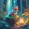 A Fox on log illuminated by fireflies, surrounded by lush forest with plants and trees