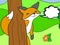 Fox looks out behind the tree. Conversation, blank text bubble.