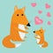 Fox mother and baby. Cute cartoon character set. Pink hearts Mom text Blue background. Forest animal collection. Greeting card Fla