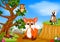 Fox, owl and lemur with mountain cliff scene