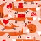 Fox pattern design with several foxes - funny handdrawn doodle, seamless pattern.