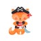 Fox pirate character in cartoon style, in a red-white vest, red bandana, black pirate hat, with a saber on a belt.