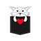 Fox in the pocket holding red heart. Cute cartoon contour character