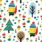 Fox seamless pattern with tree, acorn, flower, mushroom, blueberry. Kids scandinavian wood background.