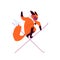 Fox skier in purple goggles. A cartoon fox shows a trick on skis crossing them. Vector stock illustration of animal free-rider