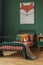 Fox theme in cute bedroom interior with green wall and orange bedding