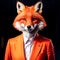 A fox wearing a formal suit on a business man& x27;s body indoors. Concept of successful confident cunning businessman