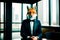 A fox wearing a formal suit on a business man& x27;s body indoors. Concept of successful confident cunning businessman