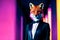 A fox wearing a formal suit on a business woman's body indoors. Concept of successful confident cunning
