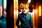 A fox wearing a formal suit on a business woman's body indoors. Concept of successful confident cunning
