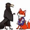 Fox wearing japanese kimono and black raven crow illustration